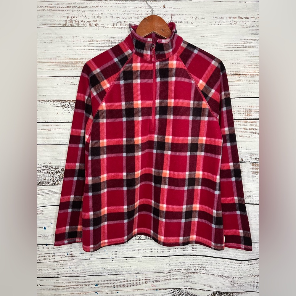 Eddie Bauer Women’s Plaid 1/4 Zip Fleece Pullover Sweater Size Large